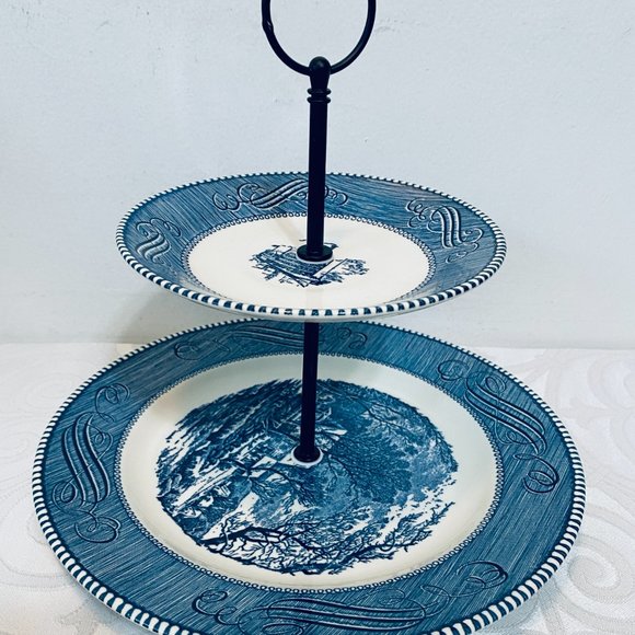 VNTG Currier & Ives 3-Tier Tidbit Tray,10" + 6" Plates/5.75" Bowl NEW Black Hdwe - Picture 7 of 9